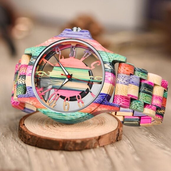 ✨ Dentily Analog Quartz Men Pink Wooden Handmade Colorful Bamboo Engraved Watch - Picture 3 of 6